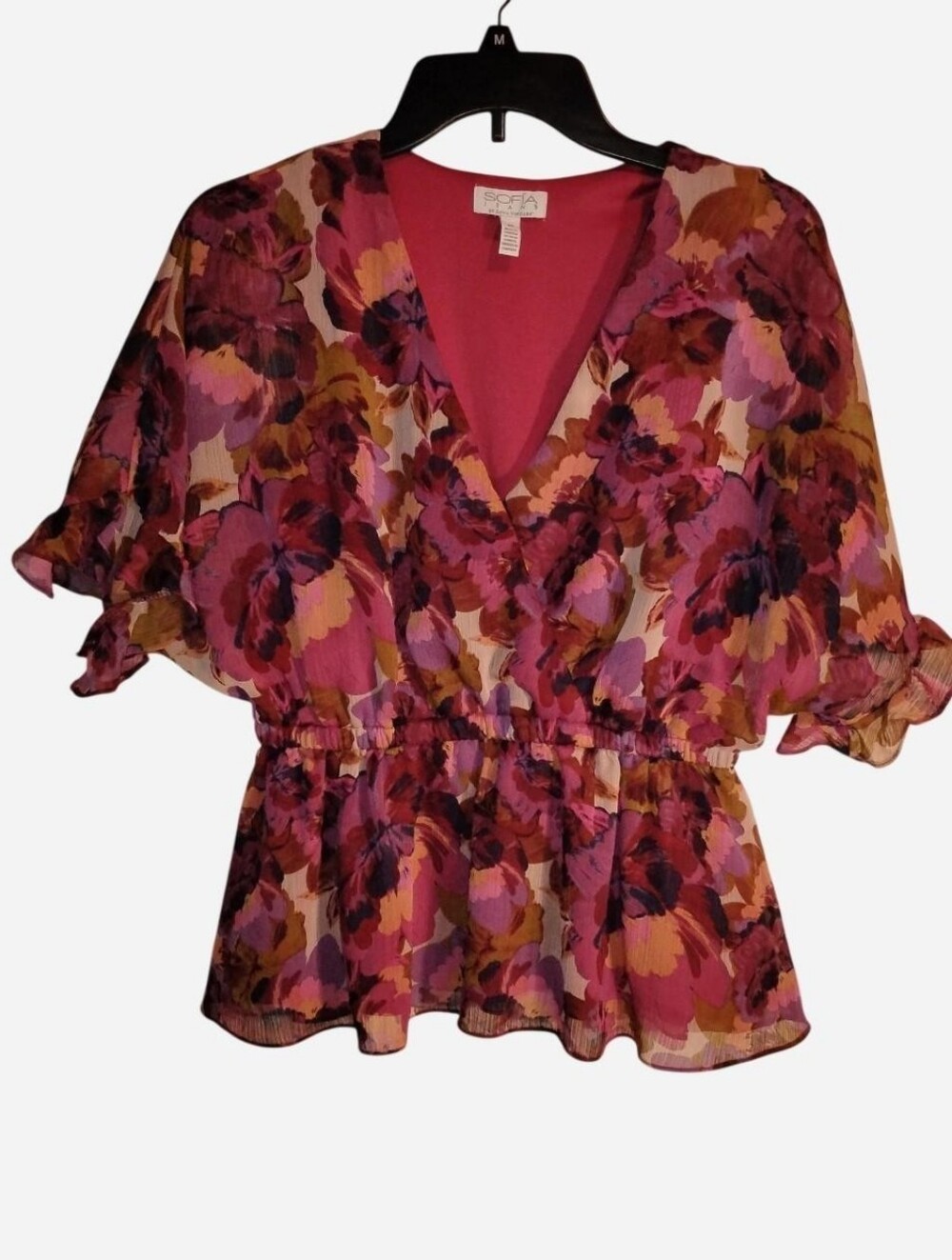 Sofia Vergara red floral blouse with ruffle sleeves and V-neckline Size M